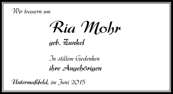 Traueranzeige von Ria Mohr von Südthüringer Presse