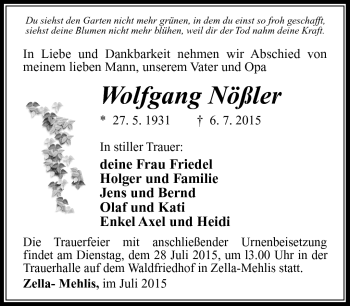 Traueranzeige von Wolfgang Nößler von Südthüringer Presse