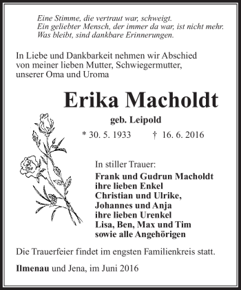 Traueranzeige von Erika Macholdt von Südthüringer Presse