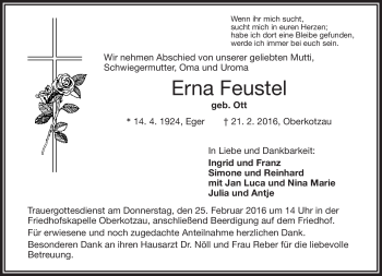 Traueranzeige von Erna Feustel von Frankenpost
