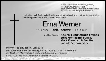 Traueranzeige von Erna Werner von Neue Presse Coburg