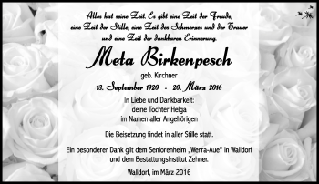 Traueranzeige von Meta Birkenpesch von Südthüringer Presse