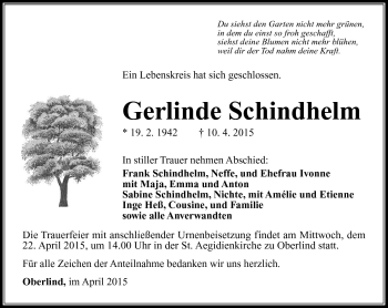Traueranzeige von Gerlinde Schindhelm von Südthüringer Presse