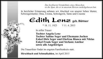 Traueranzeige von Edith Lenz von Südthüringer Presse