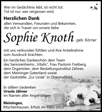 Traueranzeige von Sophie Knoth von Südthüringer Presse