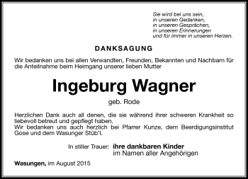 Traueranzeige von Ingeburg Wagner von Südthüringer Presse