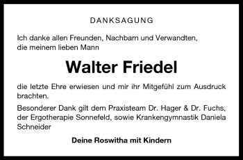 Traueranzeige von Walter Friedel von Neue Presse Coburg