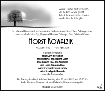 Traueranzeige von Horst Kowalzik von Südthüringer Presse