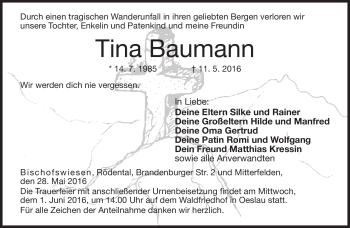 Traueranzeige von Tina Baumann von Neue Presse Coburg