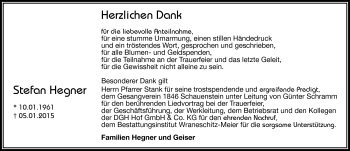 Traueranzeige von Stefan Hegner von Frankenpost