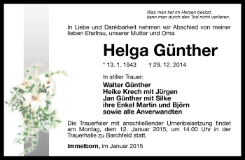 Traueranzeige von Helga Günther von Südthüringer Presse