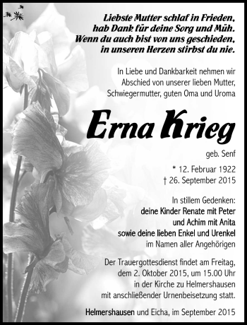 Traueranzeige von Erna Krieg von Südthüringer Presse