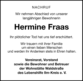 Traueranzeige von Hermine Fraas von Südthüringer Presse