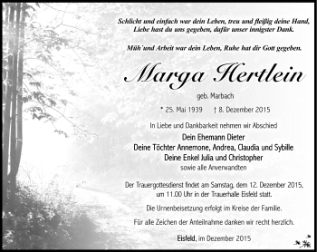 Traueranzeige von Marga Hertlein von Südthüringer Presse