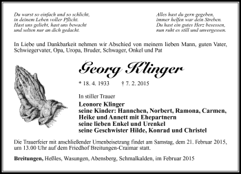 Traueranzeige von Georg Klinger von Südthüringer Presse