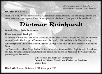 Traueranzeige von Dietmar Reinhardt von Südthüringer Presse