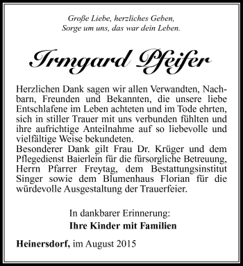 Traueranzeige von Irmgard Pfeifer von Südthüringer Presse