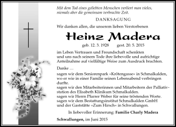 Traueranzeige von Heinz Madera von Südthüringer Presse