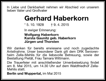 Traueranzeige von Gerhard Haberkorn von Südthüringer Presse