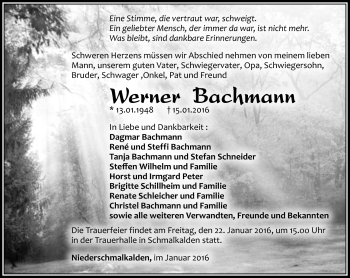 Traueranzeige von Werner Bachmann von Südthüringer Presse
