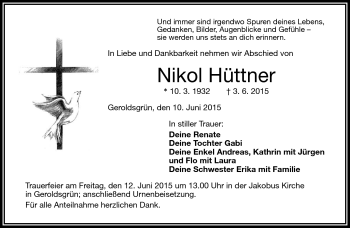 Traueranzeige von Nikol Hüttner von Frankenpost