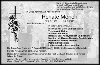 Traueranzeige von Renate M Mönch von Frankenpost
