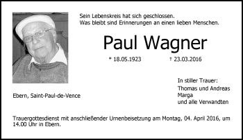 Traueranzeige von Paul Wagner von Neue Presse Coburg