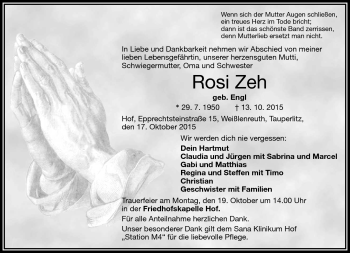 Traueranzeige von Rosi Zeh von Frankenpost