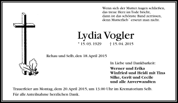 Traueranzeige von Lydia Vogler von Frankenpost
