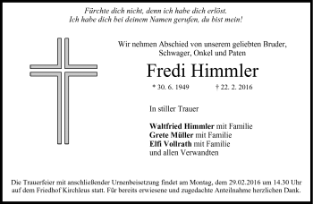 Traueranzeige von Fredi Himmler von Neue Presse Coburg