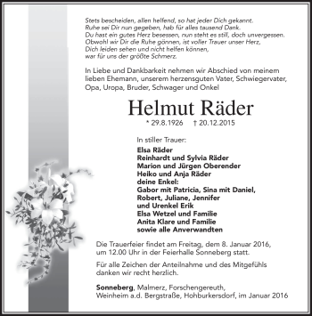 Traueranzeige von Helmut Räder von Südthüringer Presse