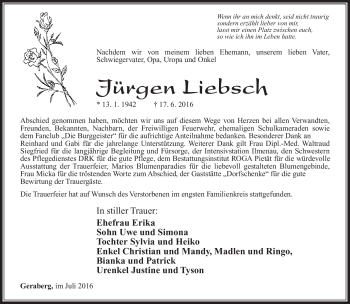 Traueranzeige von Jürgen Liebsch von Südthüringer Presse