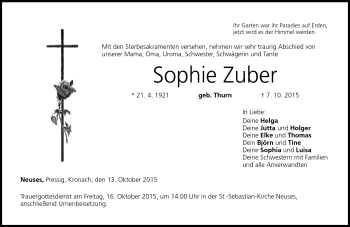 Traueranzeige von Sophie Zuber von Neue Presse Coburg
