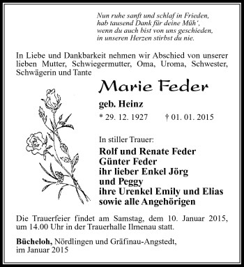 Traueranzeige von Marie Feder von Südthüringer Presse