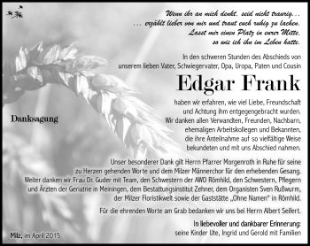 Traueranzeige von Edgar Frank von Südthüringer Presse