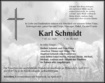 Traueranzeige von Karl Schmidt von Südthüringer Presse