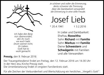 Traueranzeige von Josef Lieb von Neue Presse Coburg