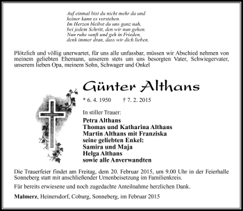 Traueranzeige von Günter Althans von Südthüringer Presse