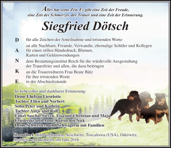 Traueranzeige von Siegfried Dötsch von Südthüringer Presse