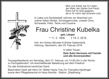 Traueranzeige von Christine Kubelka von Frankenpost