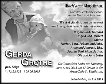 Traueranzeige von Gerda Grothe von Südthüringer Presse