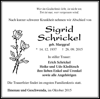 Traueranzeige von Sigrid Schrickel von Südthüringer Presse