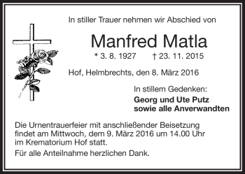 Traueranzeige von Manfred Matla von Frankenpost