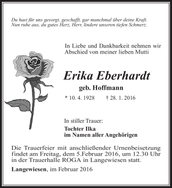 Traueranzeige von Erika Eberhardt von Südthüringer Presse