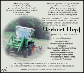 Traueranzeige von Herbert Hopf von Südthüringer Presse