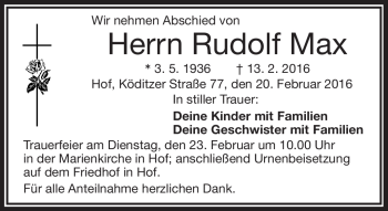 Traueranzeige von Rudolf Max von Frankenpost