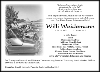 Traueranzeige von Willi Weidemann von Südthüringer Presse