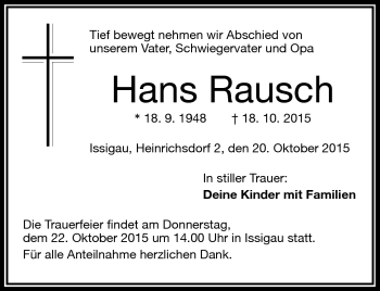 Traueranzeige von Hans Rausch von Frankenpost