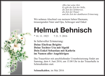 Traueranzeige von Helmut Behnisch von Südthüringer Presse