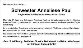 Traueranzeige von Anneliese Paul von Neue Presse Coburg
